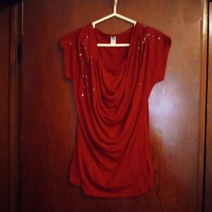 Hybrid Brand Size L Red with Gold Sparkly Accents Drape front Blouse